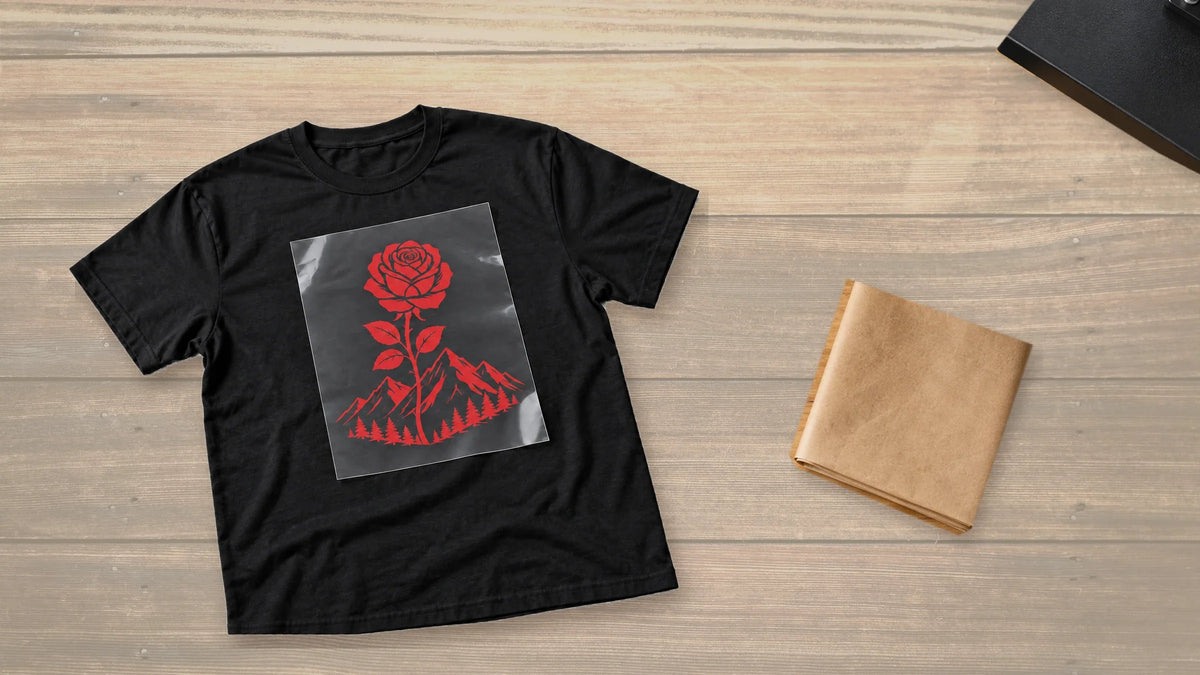Black cotton T-shirt with a clear DTF transfer film featuring a red rose and mountain design, beside butcher paper and a heat press.