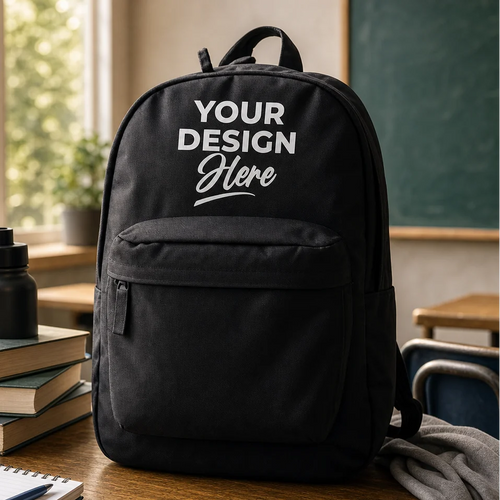 Customizable backpack in black with a Your Design Here placeholder print on the front