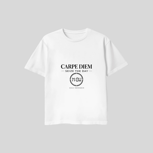 Carpe Diem tee in white, flat lay with the black Seize the Day type and circular NOW badge