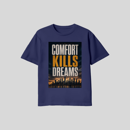 Comfort Kills Dreams tee in navy, flat lay with the city skyline poster print