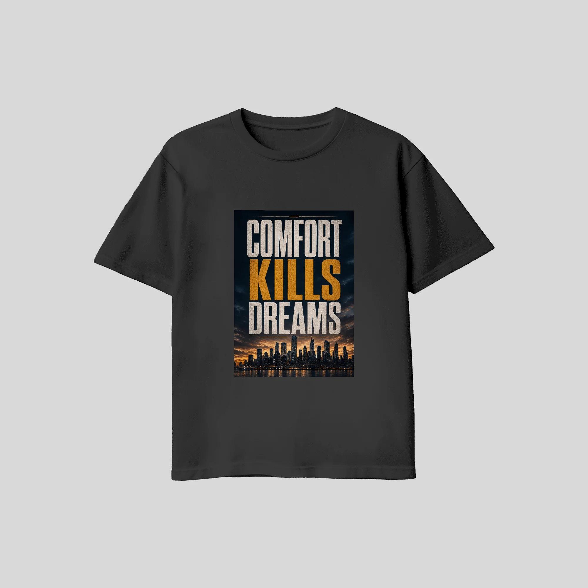 Comfort Kills Dreams tee in black with the dusk skyline print across the chest