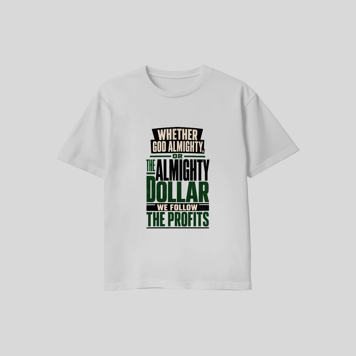 The Profits tee in grey with the We Follow The Profits stacked lettering
