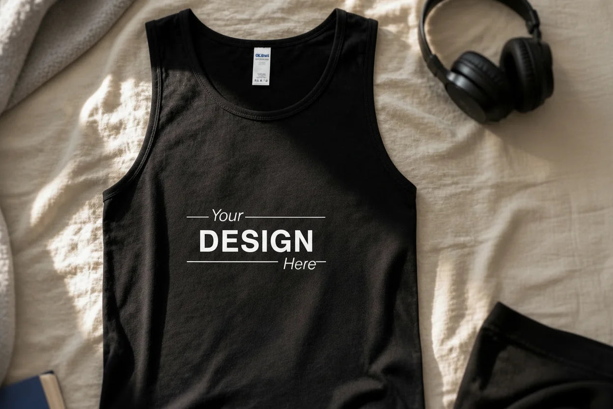 Customizable tank top in black, laid flat with a Your Design Here placeholder print
