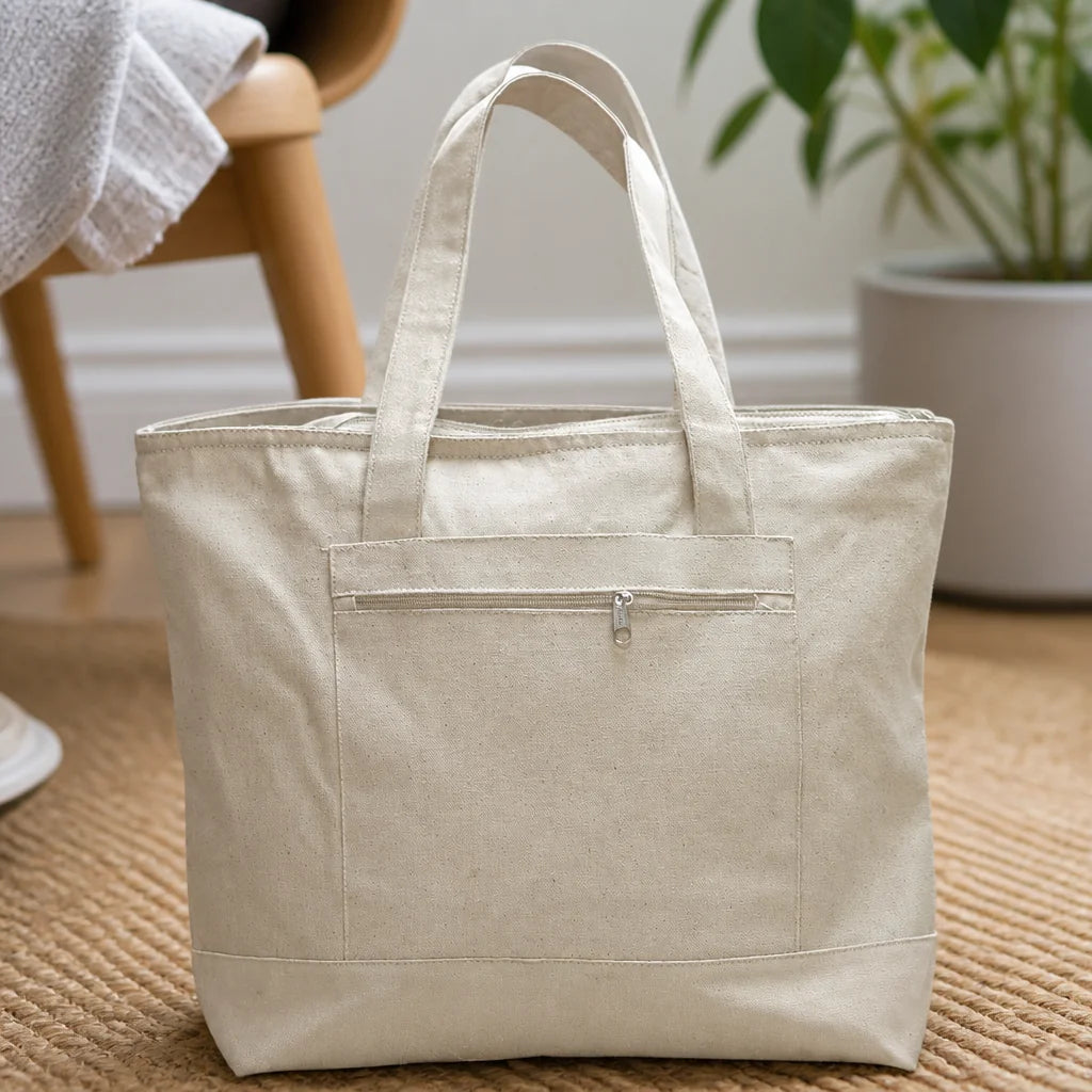 Canvas tote bag with blue trim and straps, customizable on both sides