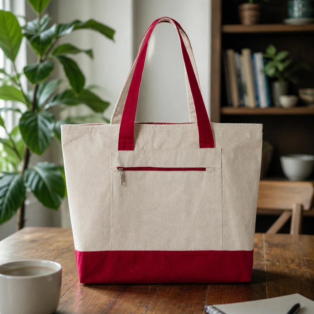 Canvas tote bag with a Your Design Here placeholder print on the front panel
