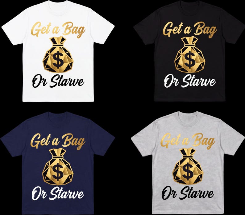 Get a Bag or Starve tee, close view of the gold foil-look money bag graphic