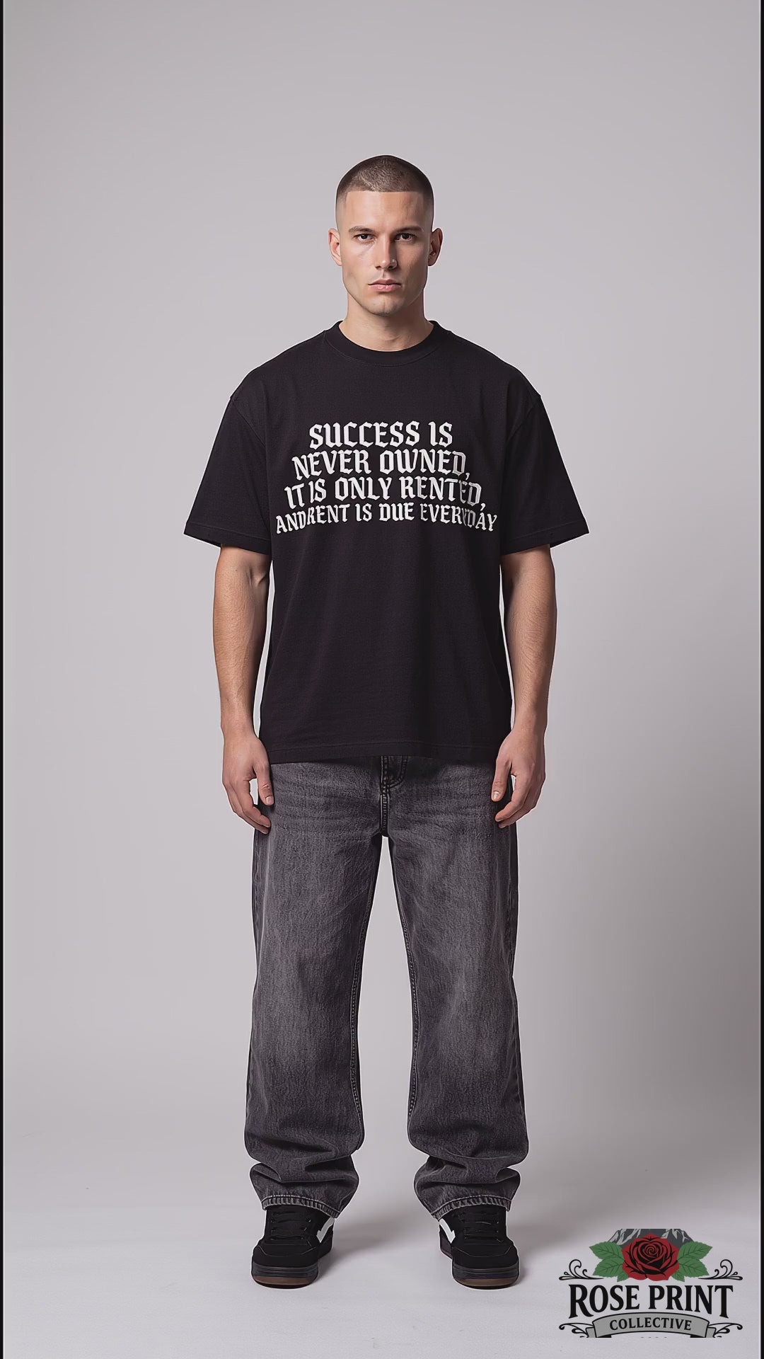 Rent is Due tee detail video, ringspun cotton with the printed success quote