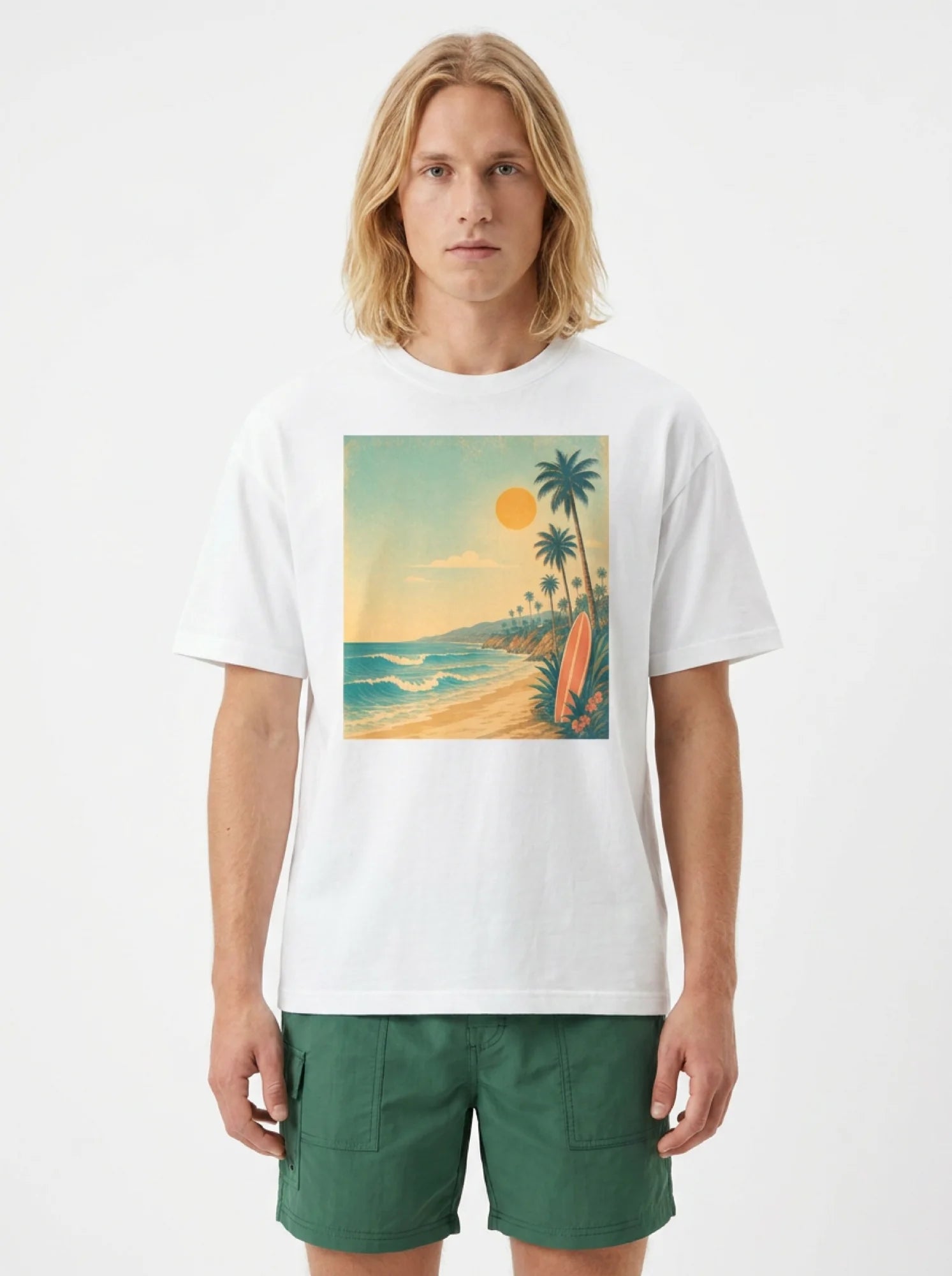 Model wearing a white Sweet Summertime tee with a retro beach, palm trees, and surfboard